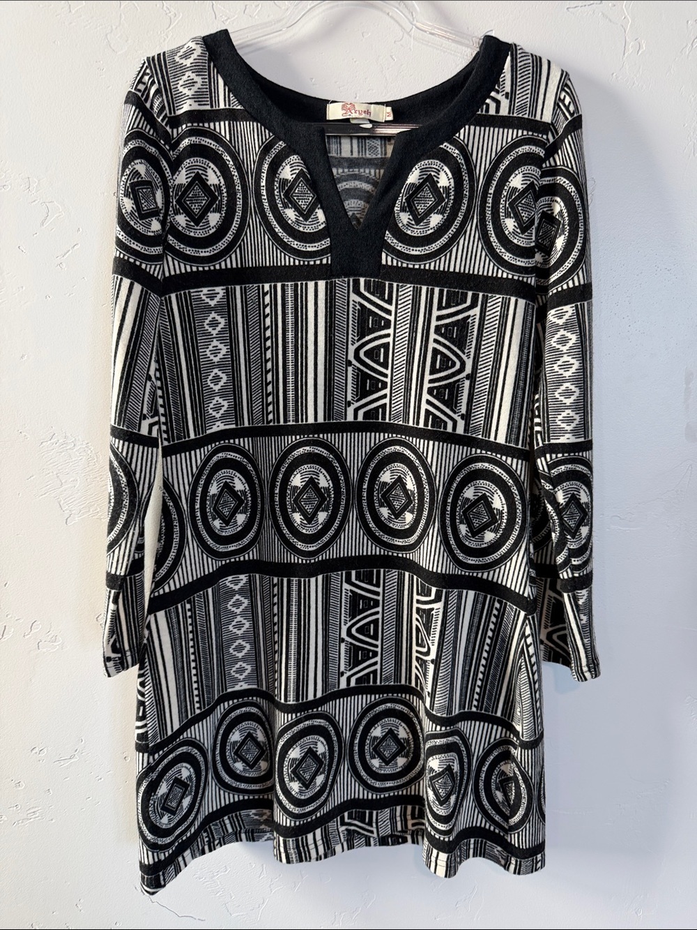 Aryeh Sweater Dress Black and White Geometric V-Neck Tunic Dress